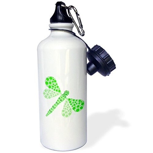 3dRose Green Pointillism Dragonfly Sports Water Bottle, 21 oz, White
